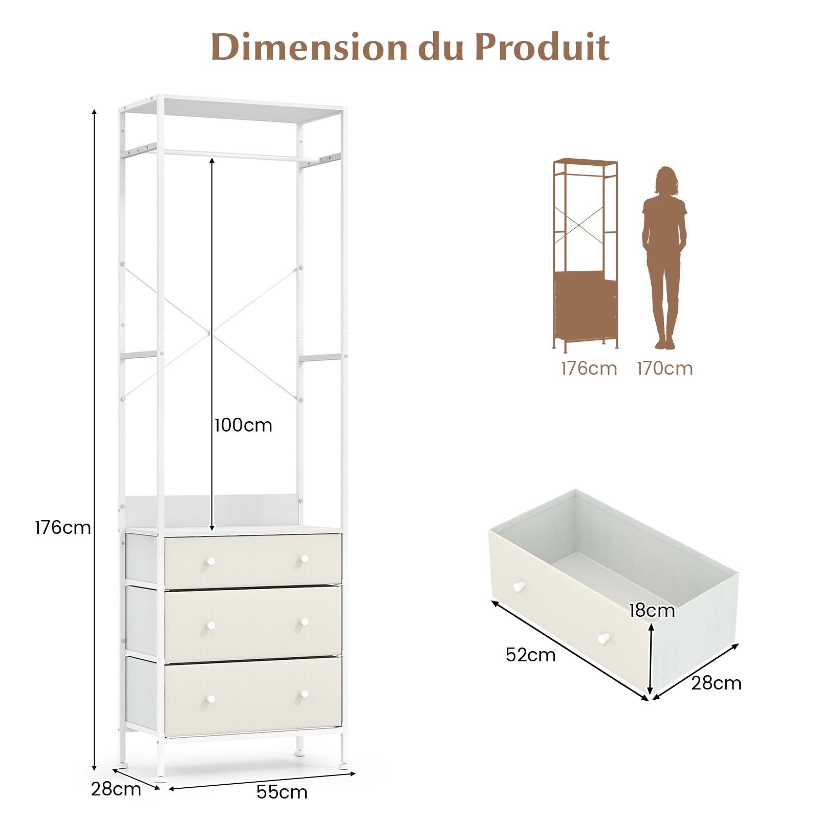 COSTWAY Porte Manteaux Entrée, Portant à Vêtement 3 Tiroirs Pliables, Tringle à 3 Positions, Vestiaire Petit Largeur 55cm, 1 Séparateur, Surface en PVC, Cadre en Métal, Kits Anti-Renversement(Blanc)