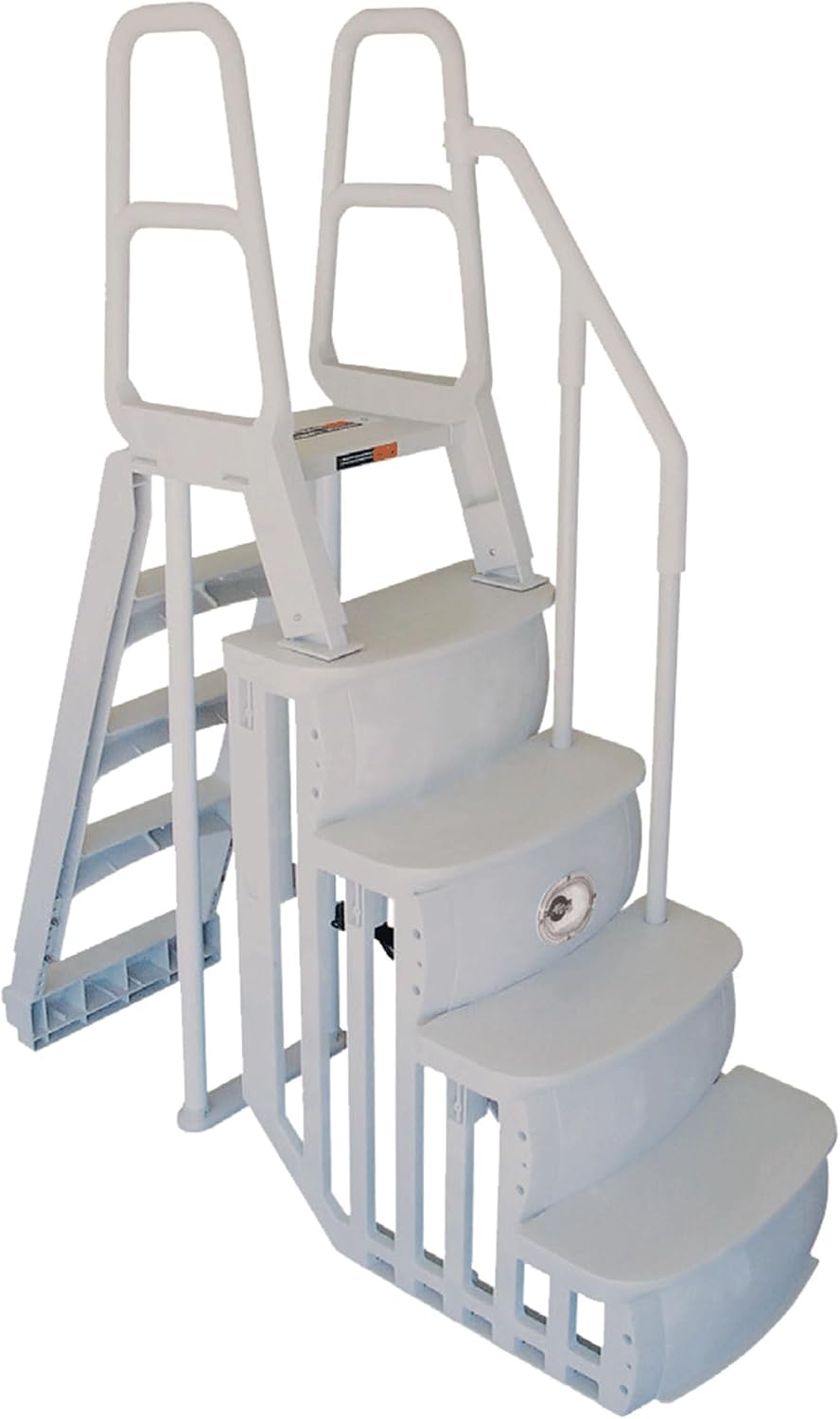 Main Access Smart Step 24 Inch Wide Above Ground Swimming Pool Deck Ladder with No Swim Zone and Flow Through Step Entry System, White
