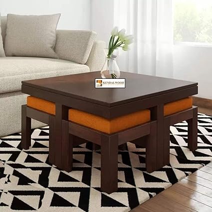 KENDALWOOD? Furniture Sheesham Wood Coffee Table | Center Table with 4 Stool - (Finish Color :- Walnut Finish with Cushion)