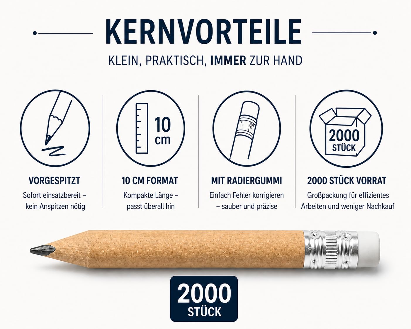 WPRO Mini Bleistift mit Radiergummi 2000 Stück, 10 cm natur, vorgespitzt | Kurzer Holzstift für Empfang, Gastronomie, Event und Büro
