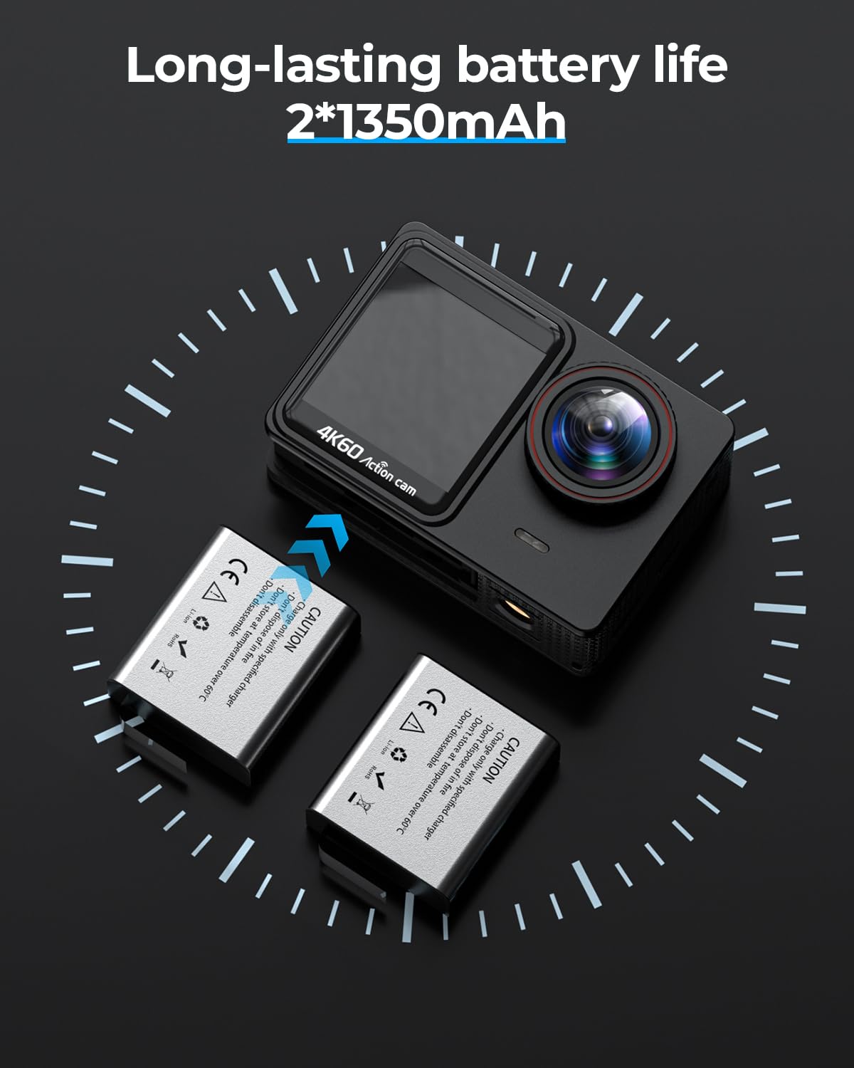Action CAM 4K 60fps, Cámara Submarina 24MP WiFi con Tarjeta SD 64GB, Cámara de Casco Hielo Impermeable 131 ft, 8X Zoom, 2 Baterías 1350 mAh, Soporte para Casco