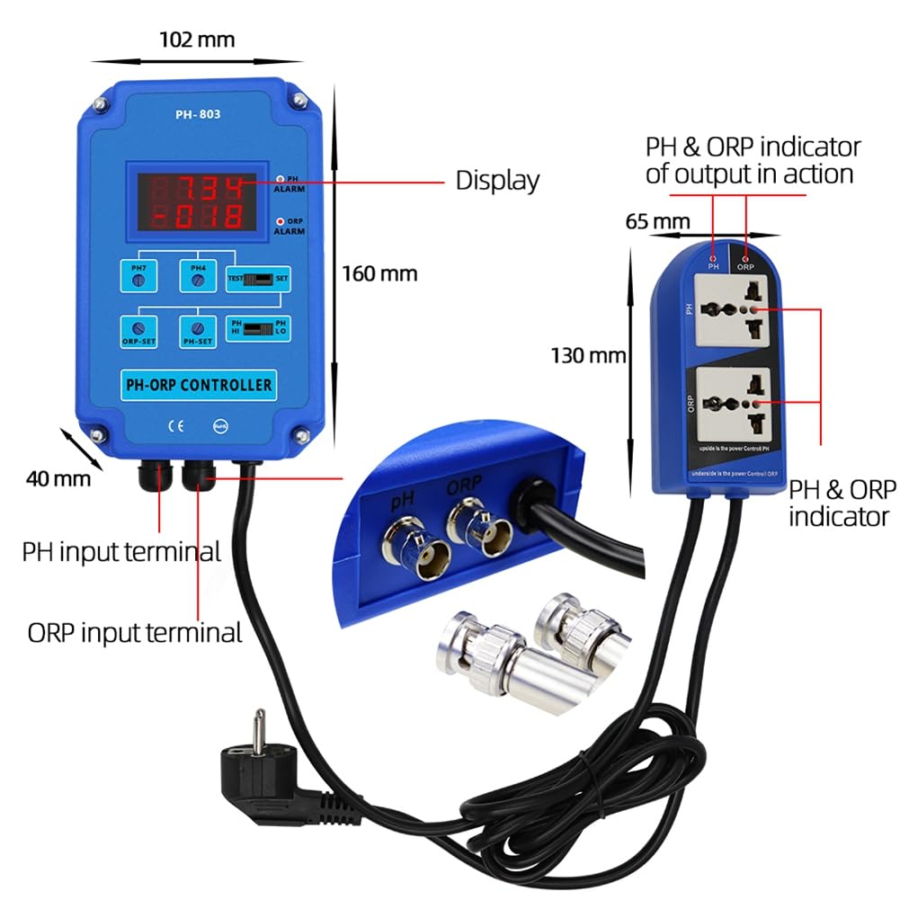 Monitor Digital 2 y 1 PH ORP Controlador Redox con Relé de Potencia de Salida para Acuario Planta HidropóNica Piscina Spa Enchufe de la UE