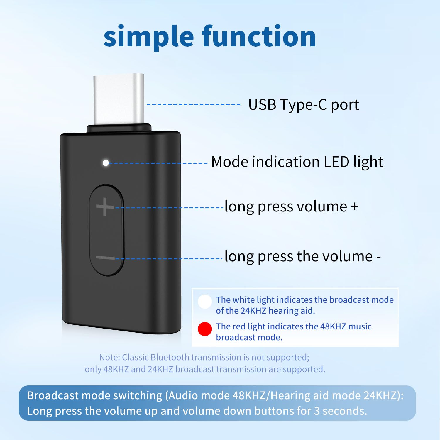 eppfun USB-C Auracast Audio Trasmettitore per Apparecchi acustici, Adattatore USB-C Compatibile con Auracast audio cuffie/altoparlanti