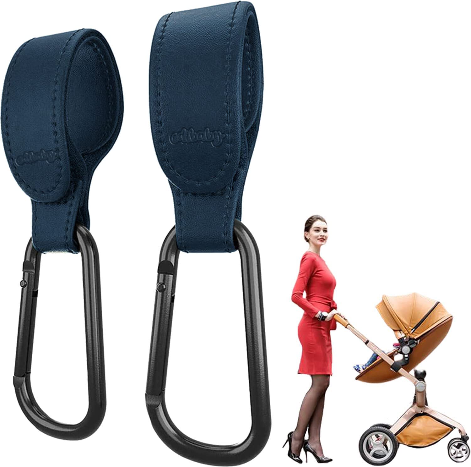 Edibaby, Kinderwagen Haken, Kinderwagen Zubehör, aus Leder, 2 Stück, Universell Einsetzbar, Karabinerhaken für Kinderwagen zum Aufhängen von Taschen, Rucksäcken, Geldbörsen usw. (Blau)