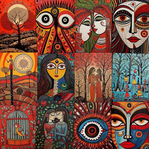 Image of Wallgasm Traditional Madhubani Poster Set - Set of 54, 4 x 6 Inches Posters Posters For Living Room, Office, Bedroom Traditional Madhubani Painting Inspired