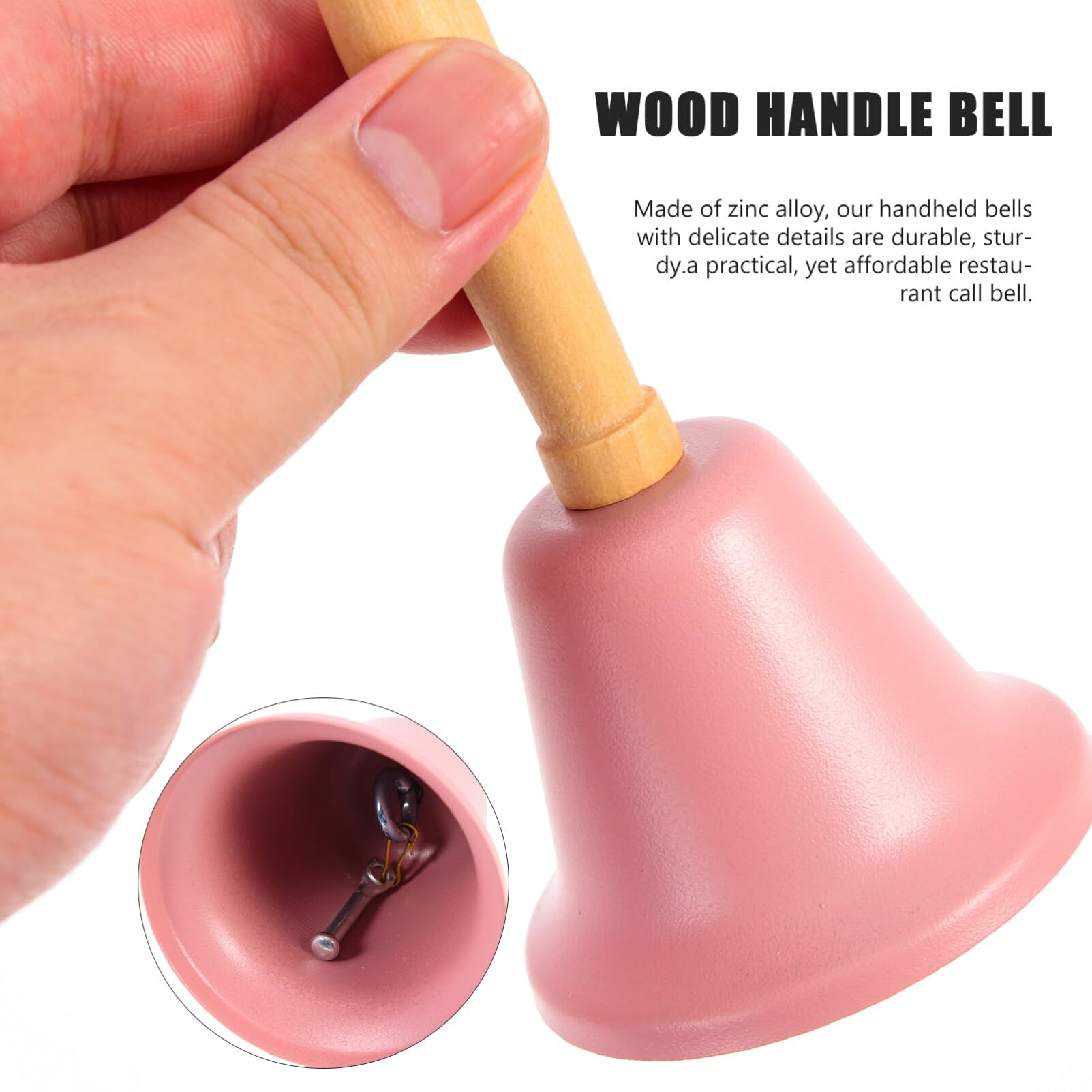 Christmas Hand Bell, Pink Dinner Handheld Ringing Bell with Wooden Handle, Service Hand Bells for Christmas Party Supplies - Image 3