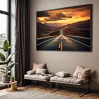 Quadro com Moldura Sala Quarto Estrada Por do Sol Paisagem Decorativo Horizontal Grande Hall