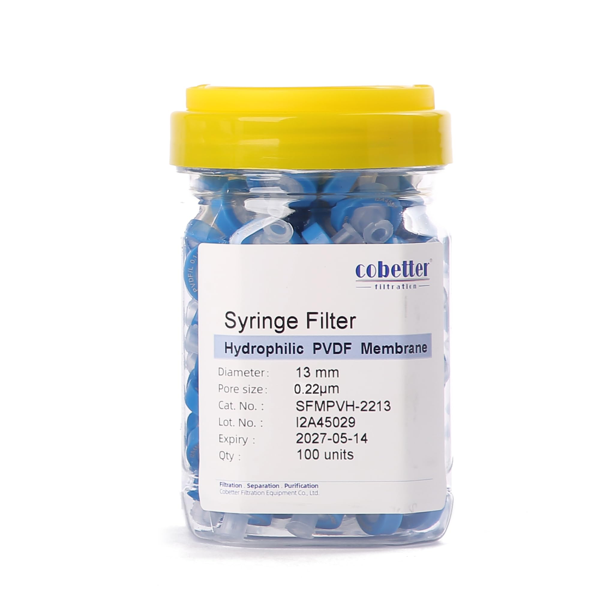 100 Pack PVDF Syringe Filter Lab Filters 0.22μm Pore Size 13mm Diameter Hydrophilic Filtration Non-sterile Blue
