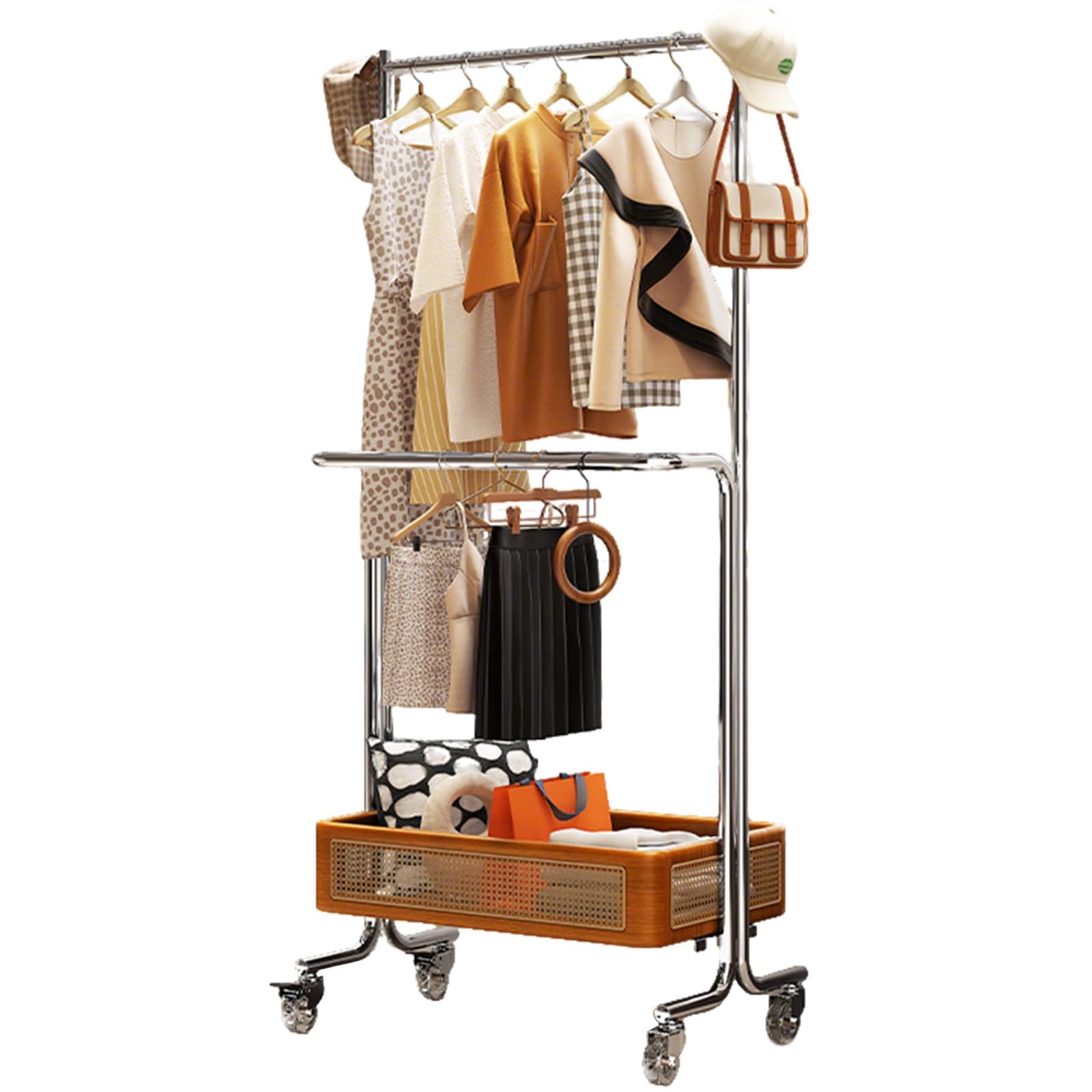 Kleiderständer mit Rollen, Metall Kleiderständer mit Aufbewahrungskorb, rollender Kleiderständer für Schlafzimmer, Waschküche, Wohnzimmer