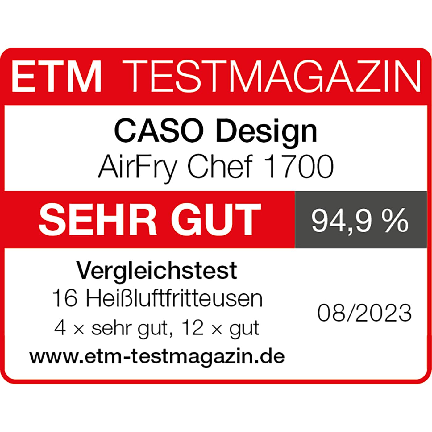 CASO AirFry Chef 1700 designerska frytkownica na gorące powietrze, gotowa do natychmiastowego uruchomienia bez podgrzewania, 3 wkładki, zakres temperatur od 40°C do 230°C (w krokach co 5°C), timer,