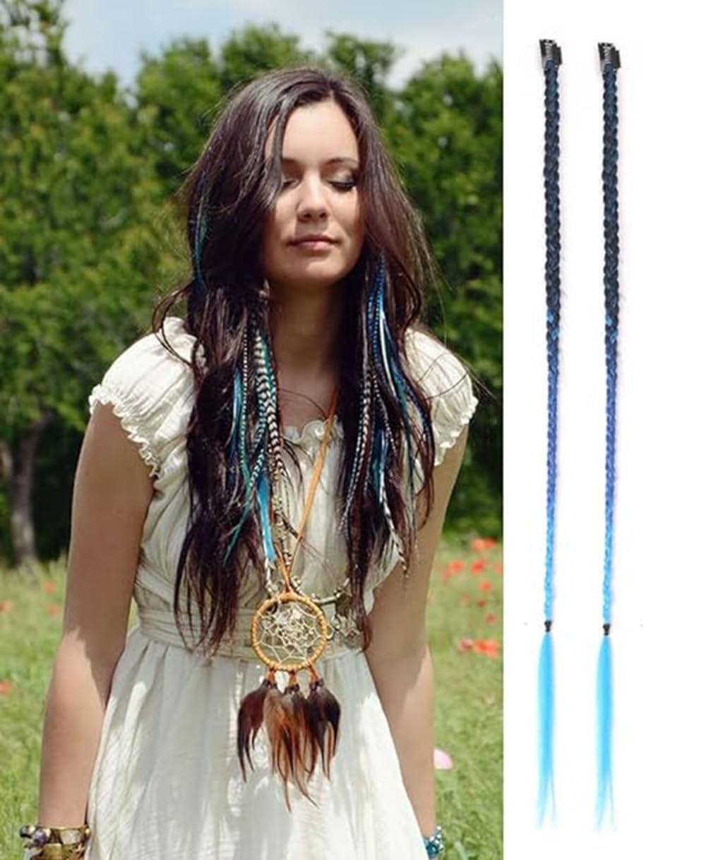 2 x Clip-In Hair Extension Highlights Streaks, Colourful Hair Highlights (Braid - Blue)