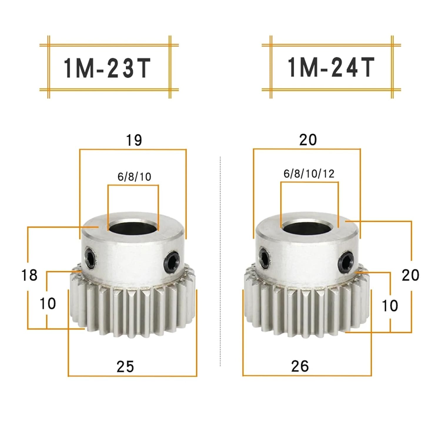 Bevel Gear Pinion Hardware Mechanical 1pcs Worm Gear 1M-23T/24T Bore Size 6/8/10/12mm 304 Stainless Steel Pinion Gear Teeth Thickness 10mm Total Height 18mm(1M23T (Bore 6mm))