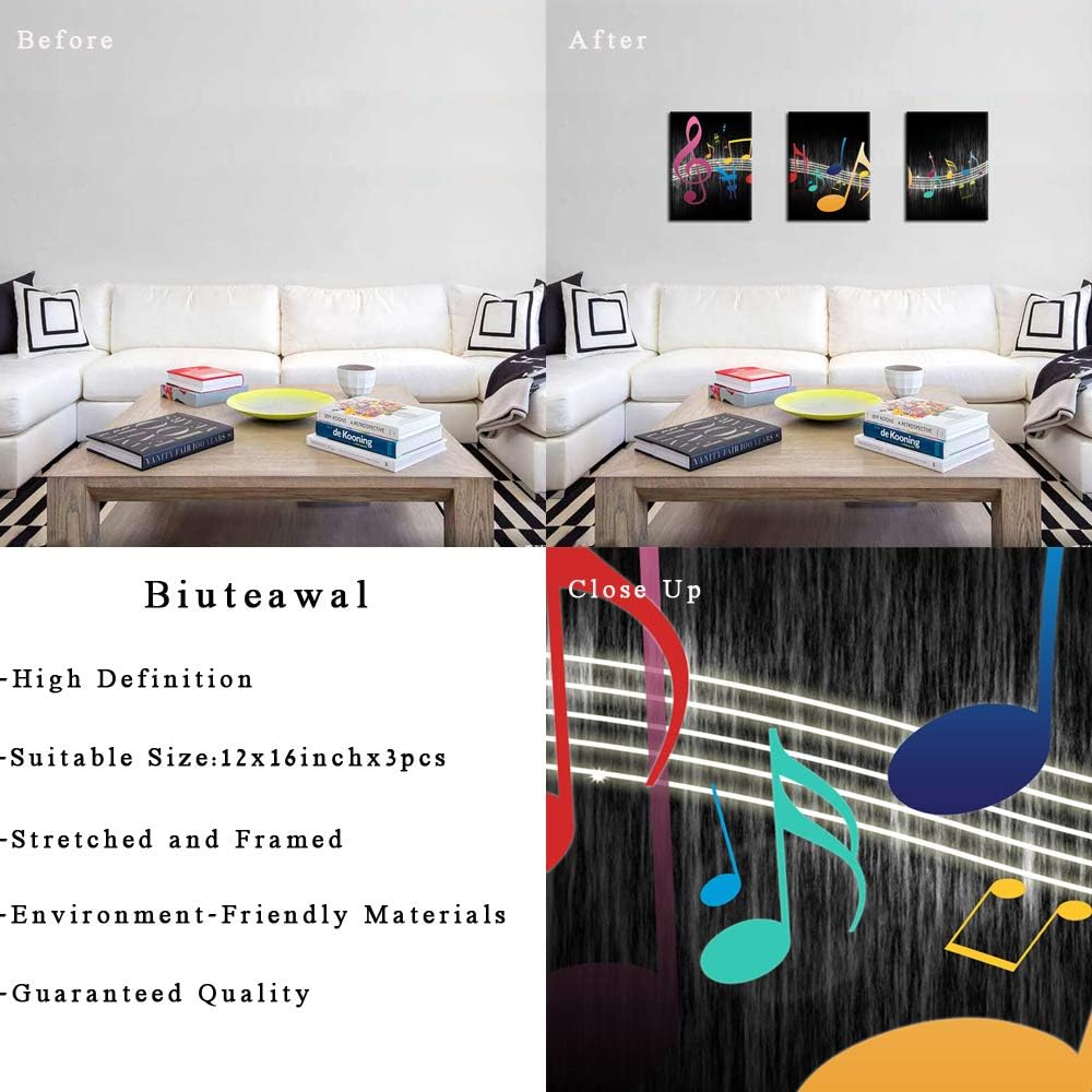 Biuteawal - Music Wall Art Modern Musical Note Canvas Prints Stretched and Framed Beautiful Notes Beating on Staff Picture Decor Artwork for Party Home Living Room Bedroom Ready to Hang