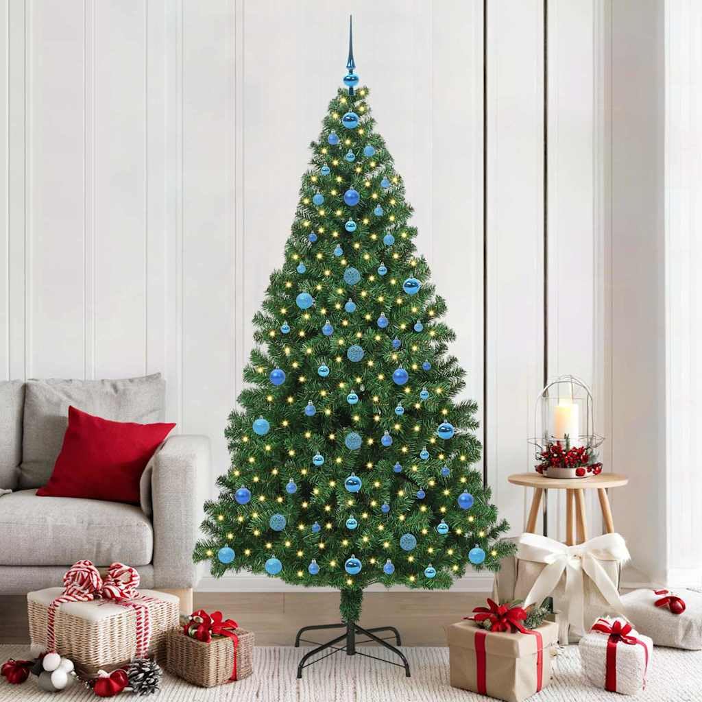 Árbol de Navidad artificial de 210 cm con 300 luces LED de color blanco cálido, soporte y bolas para interior y exterior protegido