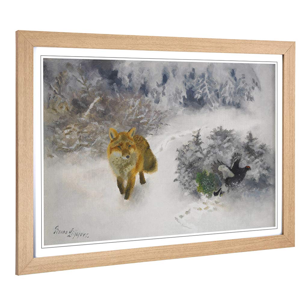 Big Box Art Framed Print of Bruno Liljefors Fox and Black Grouse Design | Wall Art Picture | Home Decor for Kitchen, Living Room, Bedroom, Hallway, Oak, A2 / 24.5x18 Inch / 62x45cm