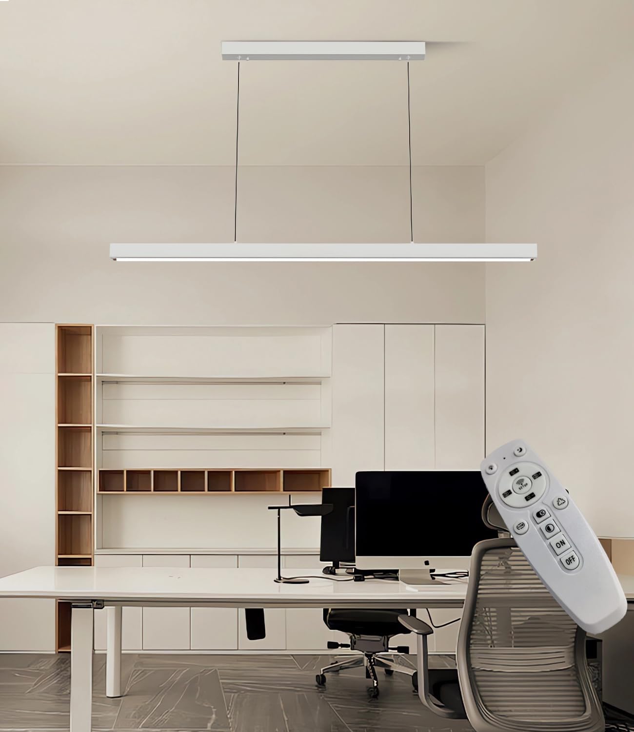 CSXSXAUO Dimmable LED Pendant Lamp - Modern Linear Chandelier for Restaurant, Office & Kitchen Island Remote Control Lighting Fixture Reading Rooms Bars (White, 100cm)