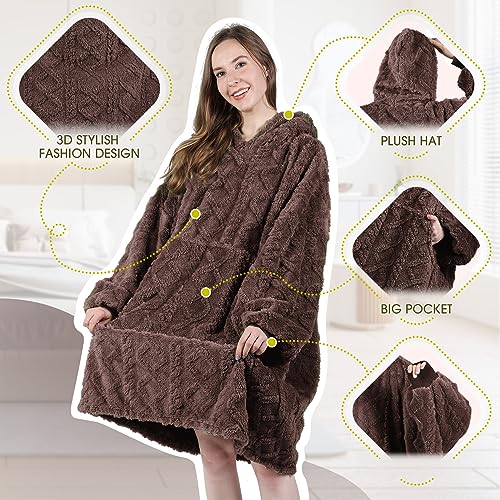 MIZZEO Microfiber Wearable Blanket, Oversized Light Wearable Blanket Hoodie for Adults, Cozy Soft Warm Plush Hooded Blanket Gifts for Women, One Size Fits All (Brown)