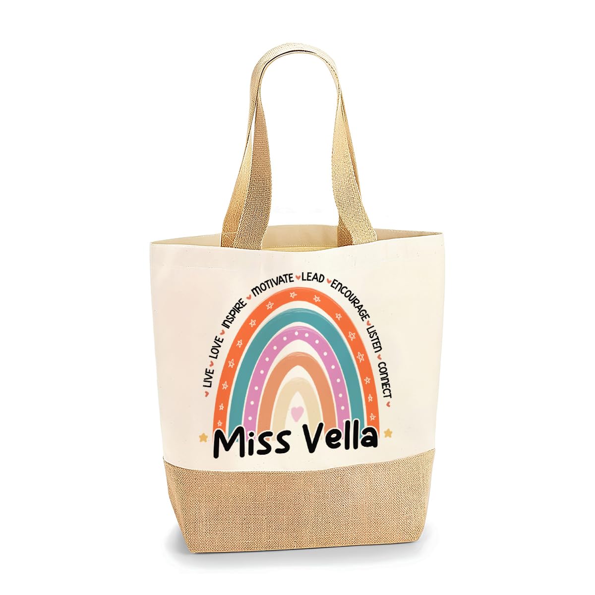 Getagift Personalised Teacher Tote Bag with Name, Rainbow Canvas & Jute Shopper Bag, Custom Reusable Shopping Bag, Thank You Teacher Gift, Nursery Preschool Teaching Assistant Tote, M