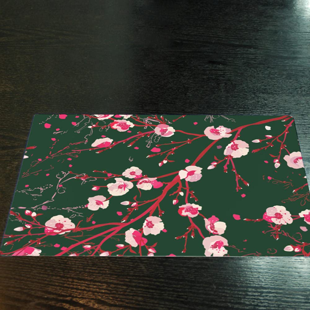 Placemats Pink Flower Dark Green Place Mats PVC Washable Table Mats Wipeable Heat Resistant Mat Tear-Proof Heat Proof Mat for Kitchen Table Placemats 30x45cm 6 Pcs