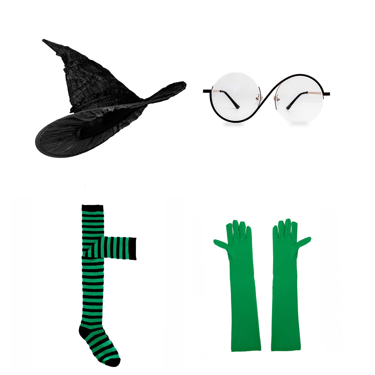 FVCENT Witch Hat Set Glasses Green Gloves Striped Knee High Socks Costume Accessories Movie Halloween Carnival Cosplay Party Props (4 Set Black++Green)