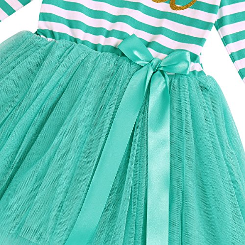 Baby Girls Shinny Stripe Long Sleeve Printed Princess Casual Birthday Tutu Tulle Dress Turquoise Green (3 Years) #TOP3