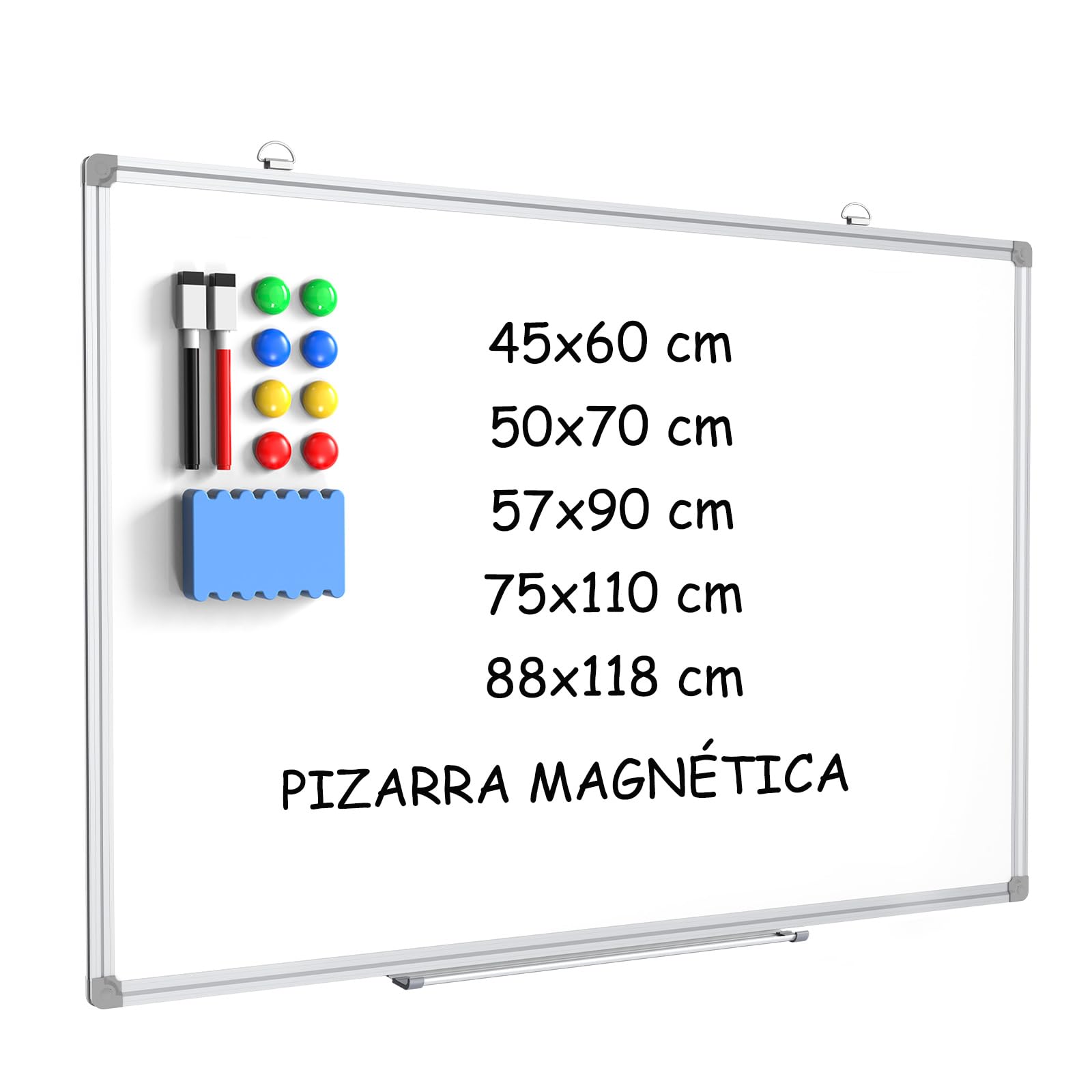 DOLLAR BOSS Pizarra blanca magnética de 50 x 70 cm, pizarra magnética con 2 rotuladores para pizarra blanca, 8 imanes y 1 goma de borrar, para escuela, hogar y oficina
