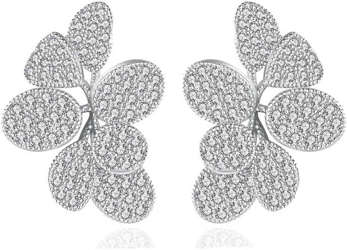 Delicate Luxury Flower Leaf Cubic Zirconia Crystal Statement Stud Earrings for Women Dainty 925 Sterling Silver Post Diamond Fashion Trendy Jewelry Wedding Party Gift Her