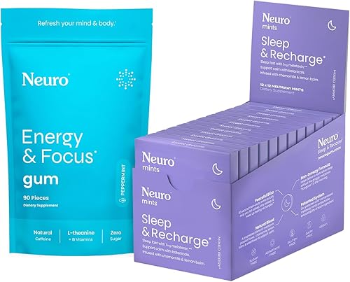 NeuroGum Paquete Energy & Sleep  Goma de mascar Energy & Focus (menta, 90 unidades) + mentas melatonina para dormir y recargar (bayas mixtas, 144