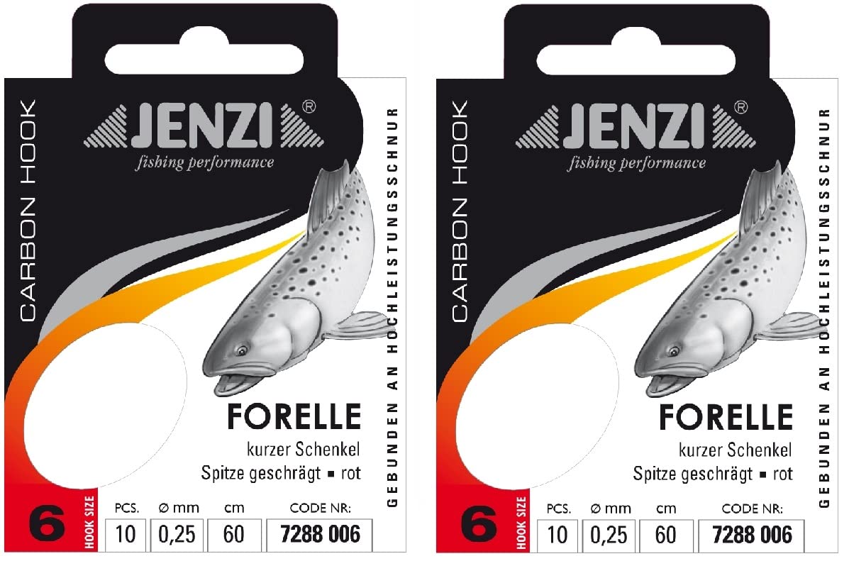 Spar-Set: 2 Packungen JENZI gebundene Forellenhaken (20 Stück) r Mono, 60cm Hakengröße 4, 6, 8, 10 & 12 je nach Auswahl + gratis Petri Heill! Aufkleber (Hakengröße 6)