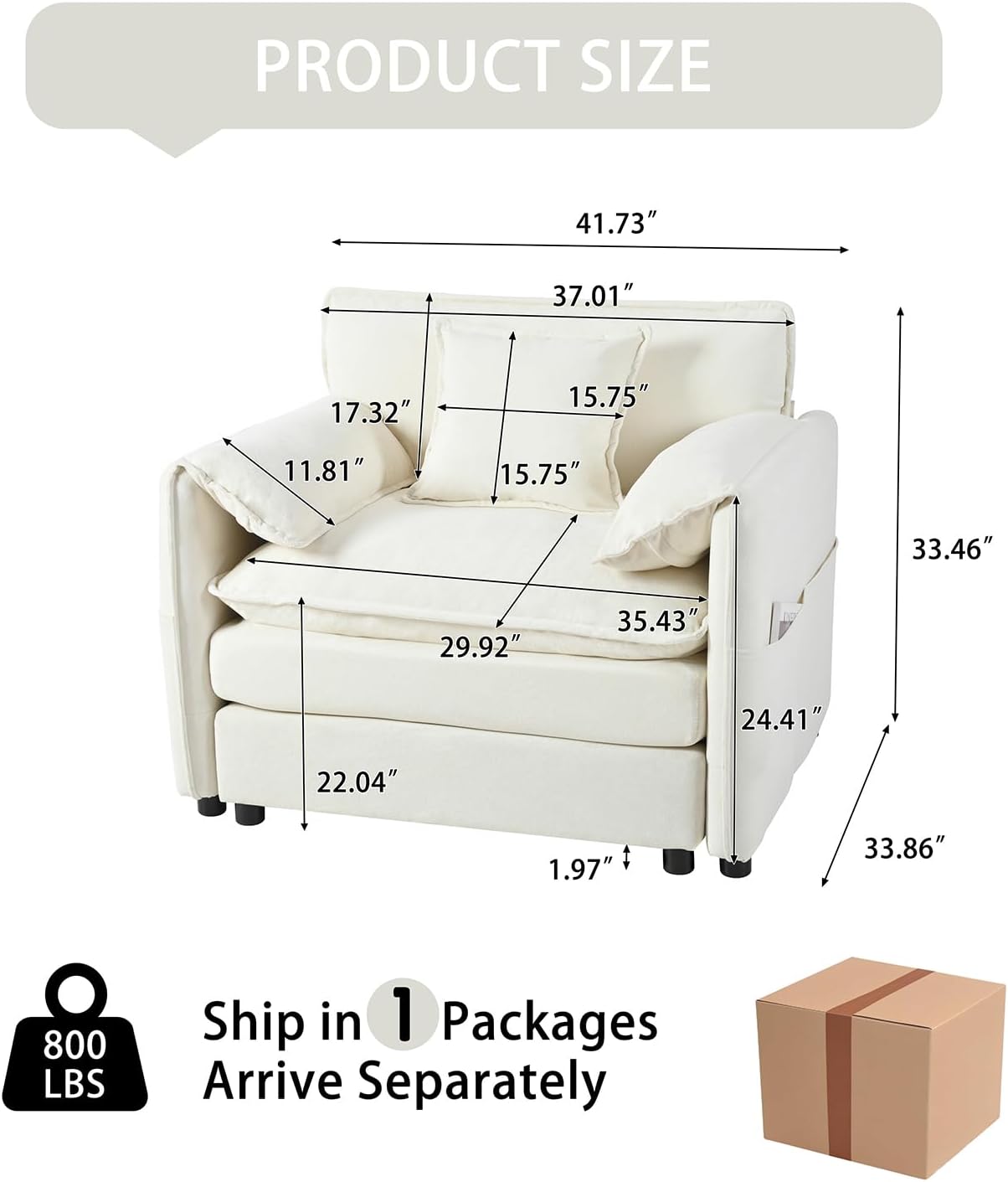 41.73" Oversized Sofa Chair, Chenille Upholstered Armchair with 1 Toss Pillow, Deep Seat Reading Sofa for Bedroom Apartment, Single Lounge Accent Chair for Living Room, Office (Beige)