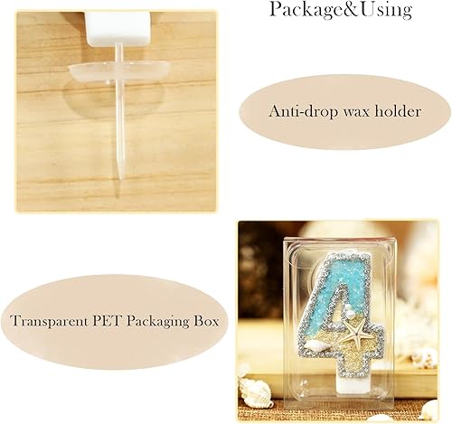 Miniatura 5 de Vela de 4 cumpleaños para tartas, velas de cumpleaños número 4 de estrellas de mar y lentejuelas de playa, decoración de cumpleaños de Moana número