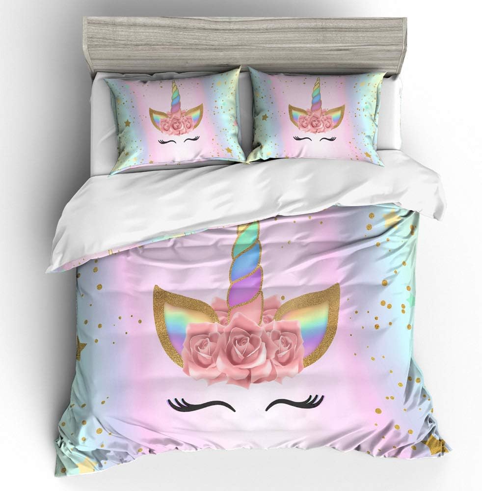 S-ANT Girls Unicorn Duvet Cover Set Pink Bedding Duvet Cover Set Queen Girls Printed Modern Lightweight Kids Bedding Set for Teens (NO Comforter Included)