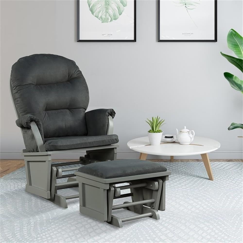 Pemberly Row Contemporary Fabric Rocking Chair Glider & Ottoman Set, Dark Gray Microfiber, Rubber Wood Frame, Ergonomic Design, Sturdy Nursing Chair for Nursery, Living Room or Relaxation Use