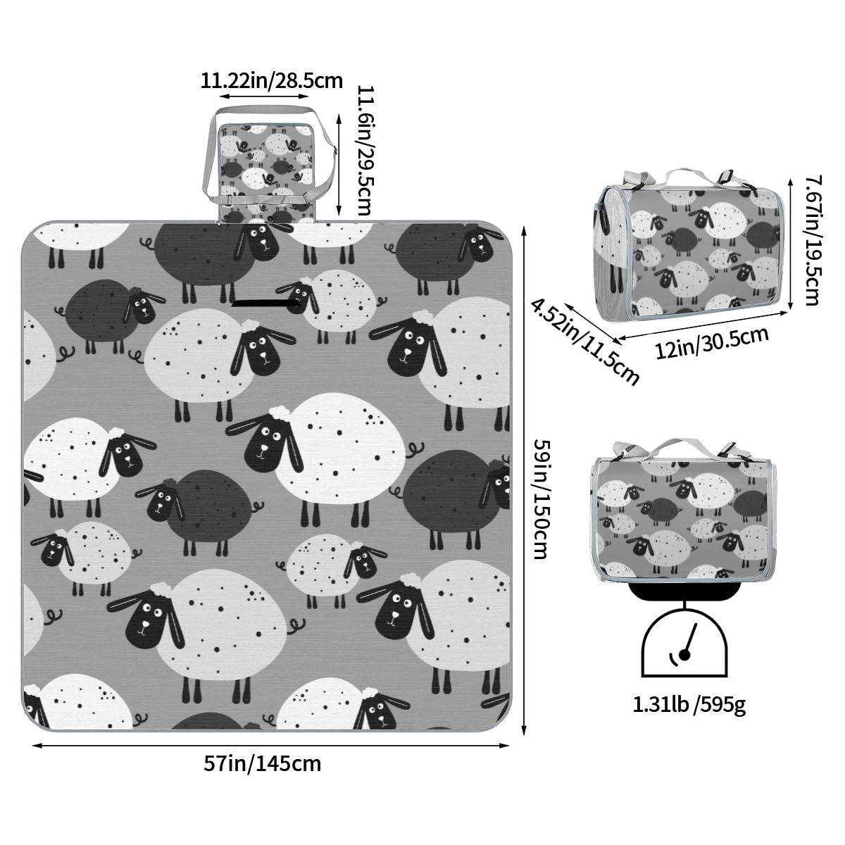 Picnic Blankets 57”x 59”, Black White Sheep Print Waterproof Sandproof Picnic Mat Lightweight Foldable Beach Blanket for Camping Park Grass Beach Outdoor Blanket