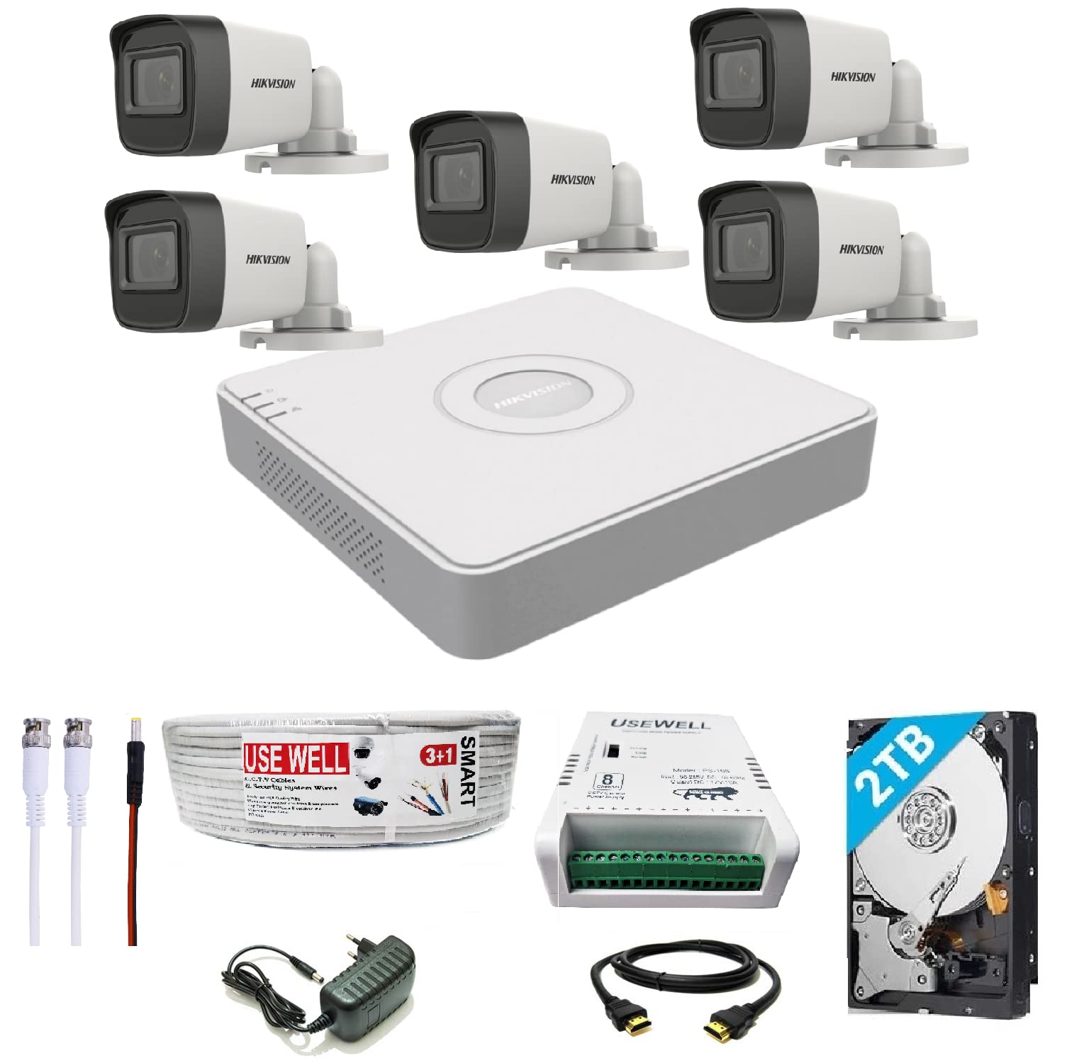 HIKVISION 8 Channel DVR with 5 MP 5 Bullet Cameras with Audio Recording + 2 TB HDD + (3+1) Cable roll + 8 CH Power Supply + USEWELL BNC & DC Full Combo Kit