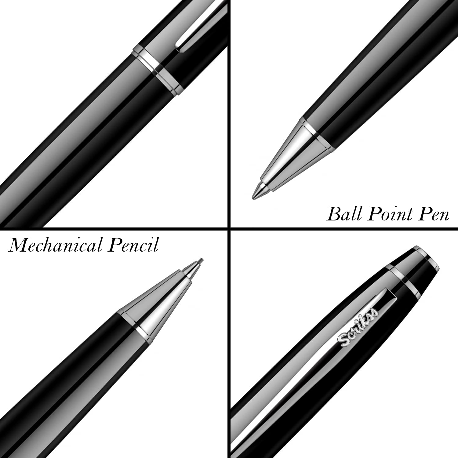 Scrikss Zestaw ołówków i długopisów mechanicznych 0,7 mm, korpus z czarnego mosiądzu, chromowane wykończenia, seria Noble 35, zestaw długopisów prezentowych, nowoczesny i elegancki długopis, idealny