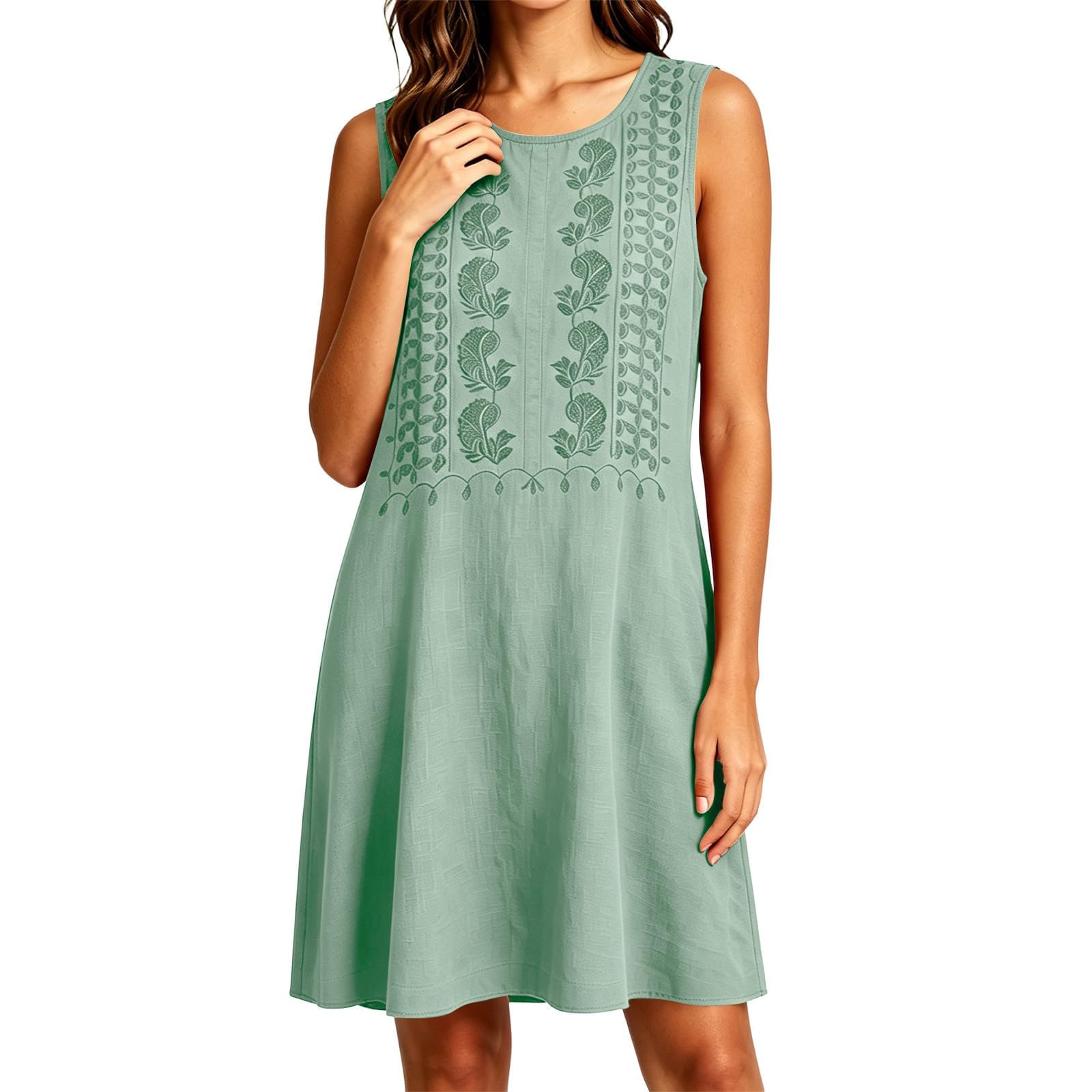 Robe Femme sans Manches avec Motifs Brodés Poches Latérales Coupe Trapèze Décontractée Élégante pour Été et Loisirs