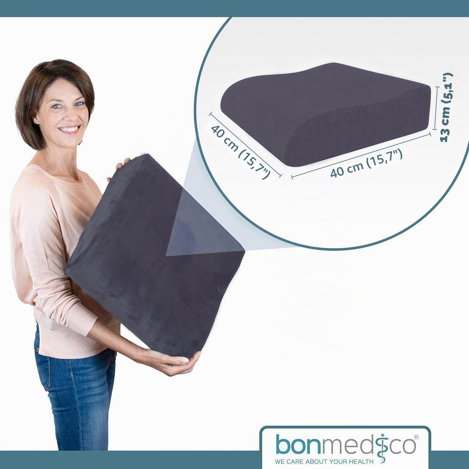 bonmedico Sitzkissen orthopädisch 13 cm, Aufstehhilfe Anti Rutsch Grau | Sitzerhöhung Erwachsene & Senioren – Ergonomisches Keilkissen mit Memory Foam für Stuhl Büro Rollstuhl