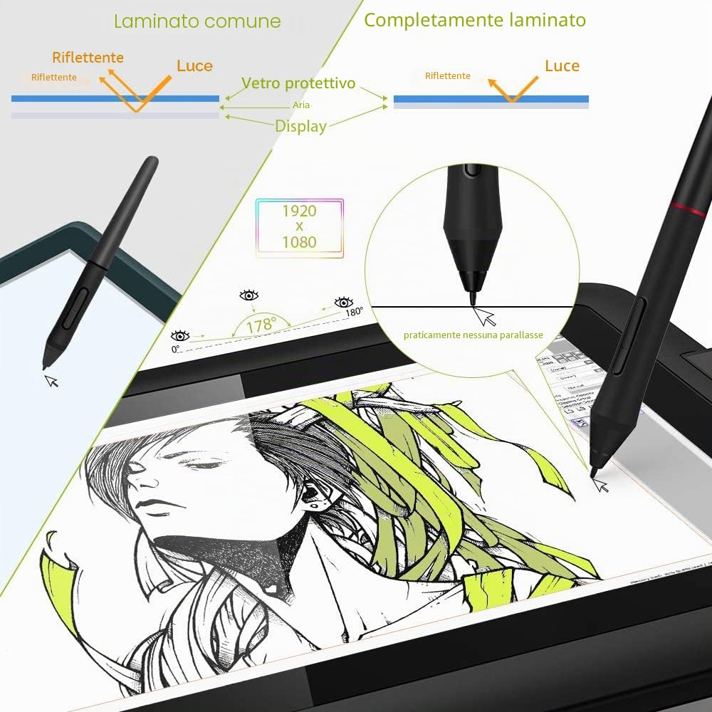 XPPen - Tablet grafico con schermo Artist 12 Pro, schermo completamente laminato da 11,6 pollici, 8 tasti di scelta rapida Pennino senza batteria a 8192 livelli con funzione Tilt a 60 °