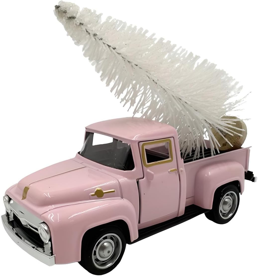 Mini Pink Christmas Truck Decoration with White Christmas Tree Vintage Farm Truck Ornament Retro Holiday Home Decor for Tiered Tray