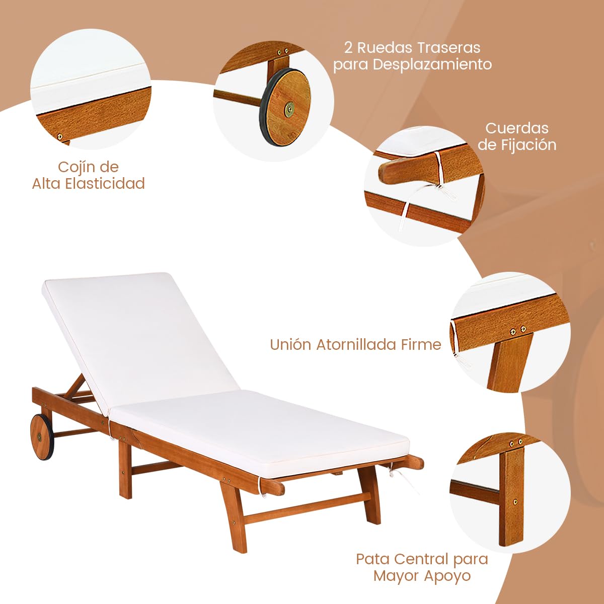 RELAX4LIFE Tumbona Plegable de Madera Eucalipto con 2 Ruedas y Respaldo Ajustable en 6 Alturas, Tumbona Jardín con Cojín Extraíble para Balcón y Terraza, Carga 160kg, 195x68x30-90cm, Beige (2 Piezas)