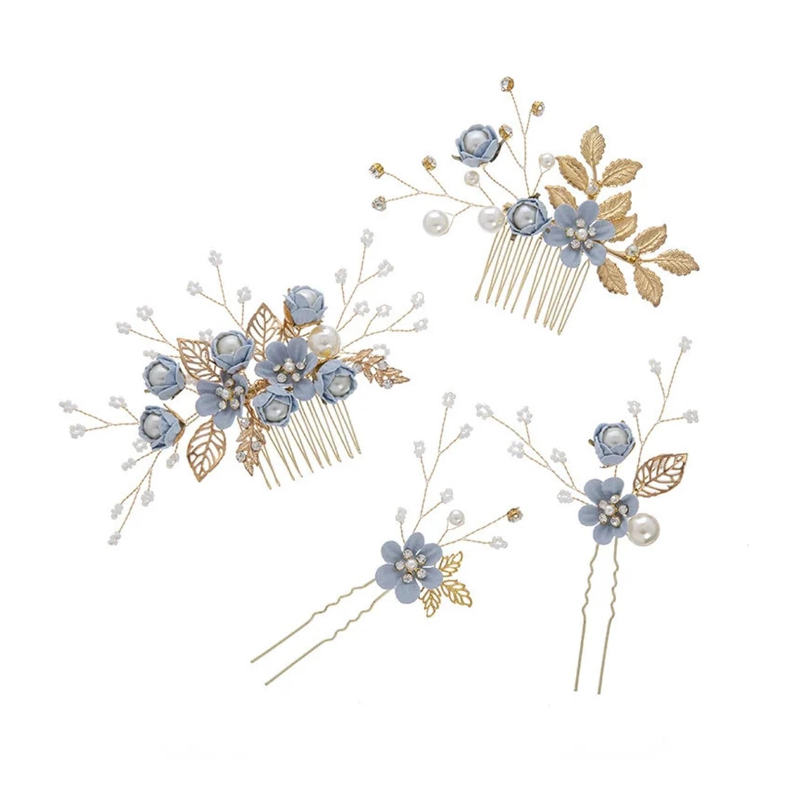 Forcina Cinese Set di 4 pettini for capelli con fiori cristallo e forcine for, perle strass, set gioielli da sposa, accessori for nozze(Pink)