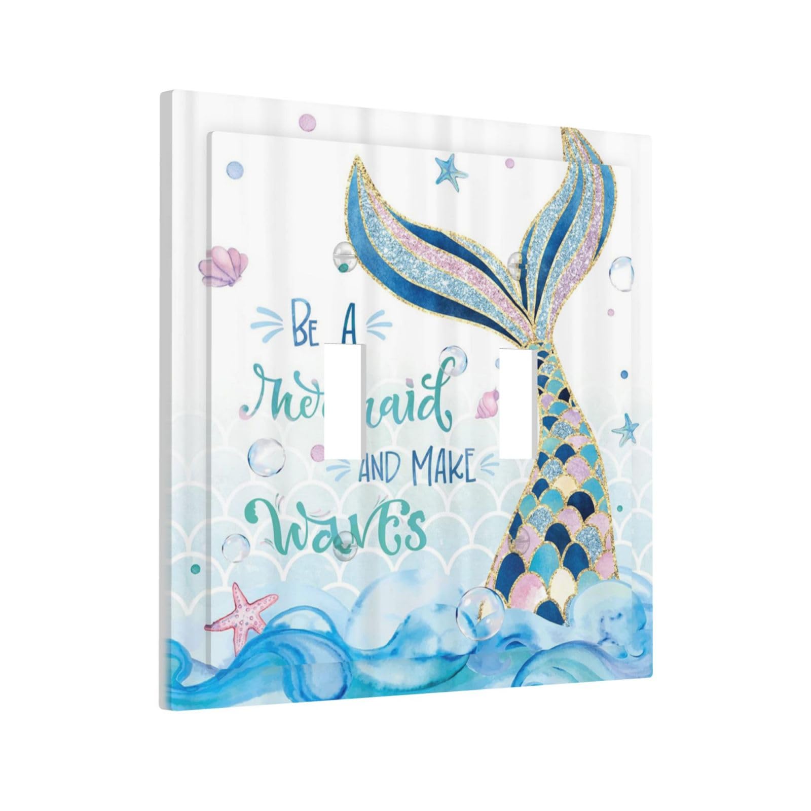 Photo 1 of Mermaid Ocean Blue Waves Kids Girl Double Toggle Light Switch Covers Decorative 2 Gang Wall Plate Electrical Faceplate Switchplate for Kidroom Bathroom Bedroom Living Room Decor