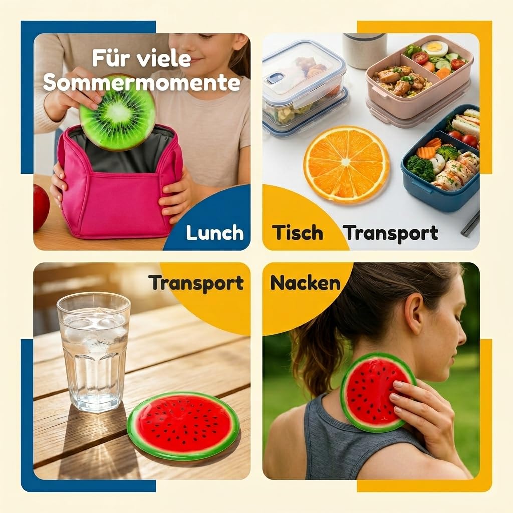 MIJOMA Set di 3 cuscinetti refrigeranti con stampa di frutta, Ø 16 cm, perfetti per l'estate, barbecue, picnic e bomboniere, plastica alimentare