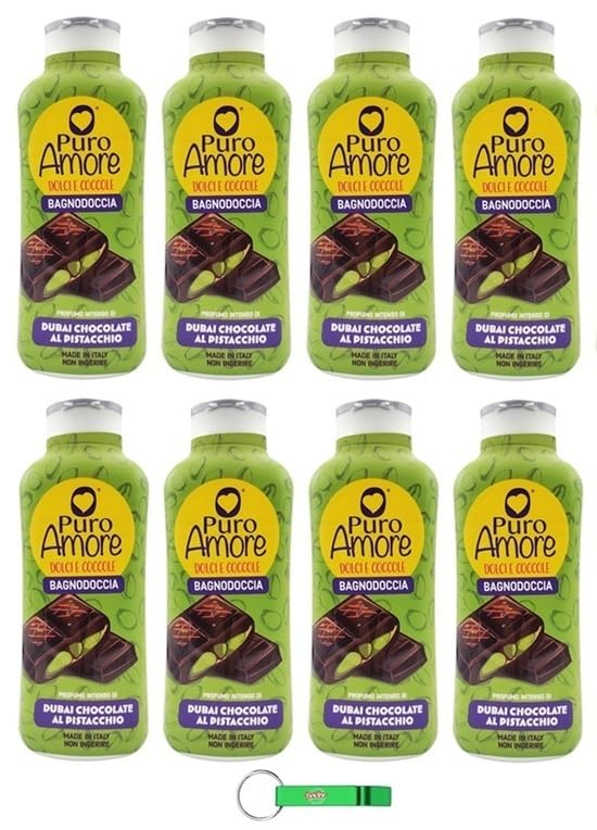 Puro Amore Dolci e Coccole Bagnodoccia Gel de Ducha de Chocolate Dubai con pistachos 650 ml + llavero Beni Culinari gratuito 8 unidades