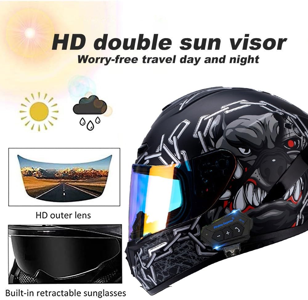 Bluetooth Casco Moto con Spoiler, Asco De Moto Choque con Visera De Sol Doble De Cara Completa, Cascos Integrales, Homologado ECE para Motocicleta, Scooter, Carretera Y Carreras I,Medium