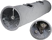 Terunat 51x12 Inch Foldable Cat Tunnel for Indoor Cats - Durable Grey Suede with Peepholes, Crinkle Sound & Puff Balls