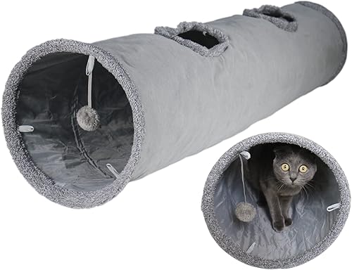 Túnel para gatos de interior, túnel plegable para gatos grandes de 51 x 12 pulgadas, túneles de gamuza gris para mascotas con dos mirillas y una