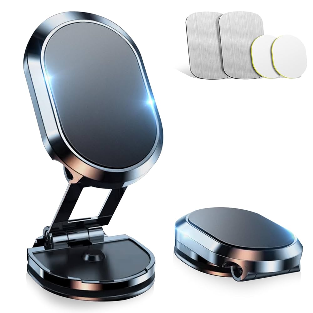 Magnetic Phone Car Mount with Foldable Base, 360° Rotation Dashboard Magnetic Car Phone Holder with 6 N52 Magnets & 2 Metal Plates, Universal Car Phone Mount Compatible with iPhone Samsung Huawei :