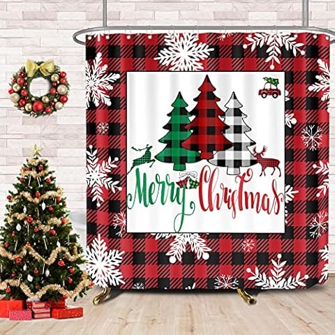 Christmas Shower Curtain — Red Buffalo Plaid Christmas Trees Shower Curtain for Bathroom Set Winter Xmas Snowflake Farmhouse Bath Bathtub Decorative Shower Curtain with Hook 72x72 inch Cover
